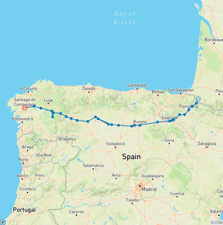 Map of Camino de Santiago (Francés) Guided *CYCLE* Tour/Packing/MTB (All Inclusive)