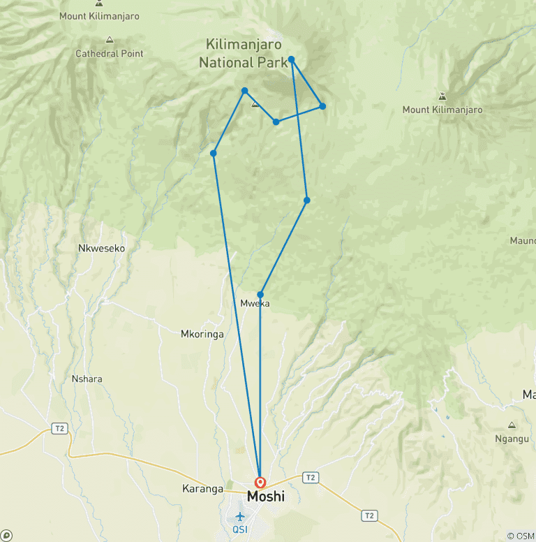 Map of Kilimanjaro Mountain Hiking Via Umbwe Route 8 Days
