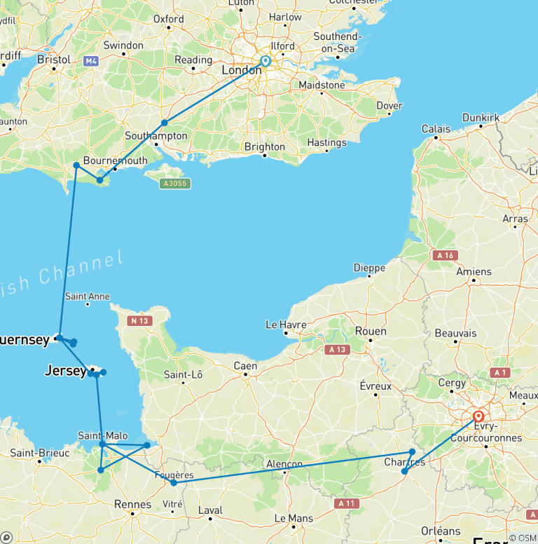 Map of London to Paris via the Channel Islands