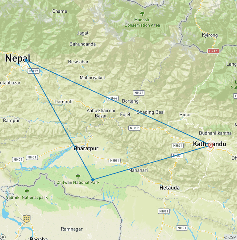 Map of Kathmandu, Pokhara and Chitwan Tour