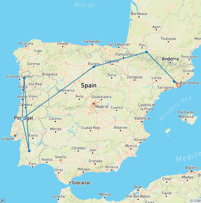 Map of Pilgrimage to Fatima & Lourdes with Barcelona (Fatima to Barcelona, 2026)