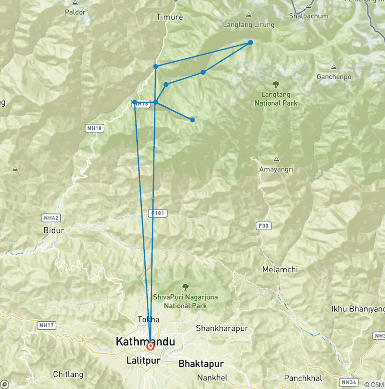 Map of Langtang Valley and Gosaikunda Lake Trek- 14 Days