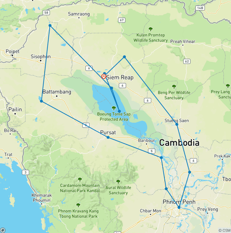 Map of Private Cambodia Highlight 10 Days Tour