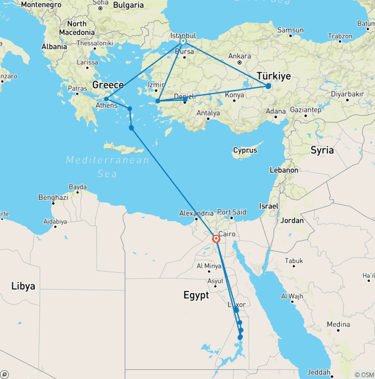 Map of Best of Mediterranean Sea Tour of Turkey, Greece and Egypt- 19 Days