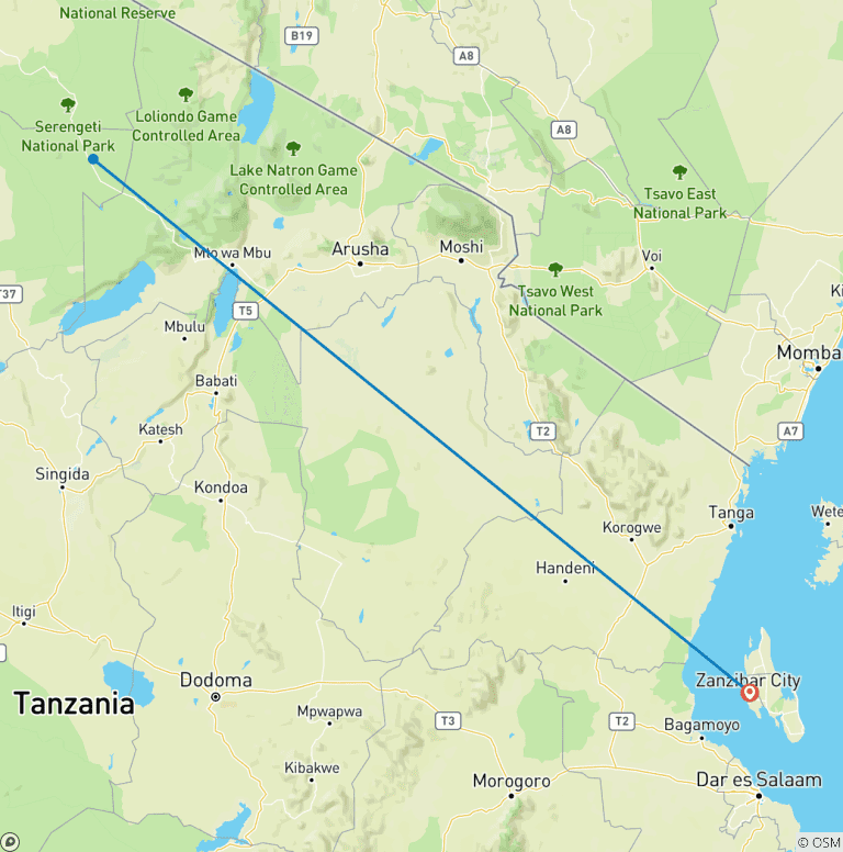 Map of 3-Day Fly-In Serengeti Safari from Zanzibar