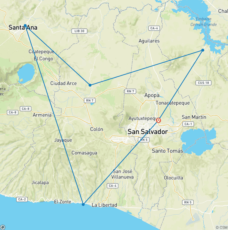Map of Personalized 6 Days El Salvador Family Tour, Daily Start & Private Guide and Car