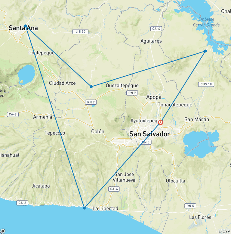 Map of Personalized 6 Days El Salvador Family Tour, Daily Start & Private Guide and Car