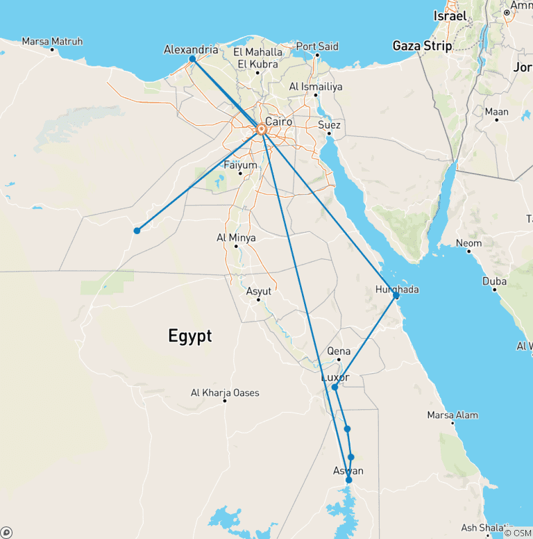 Map of Ancient Wonders Egypt: 14-day (Pyrameds & GEM- Alexandria- White Desert - Nile Cruise-Hurghada ) domestic flight