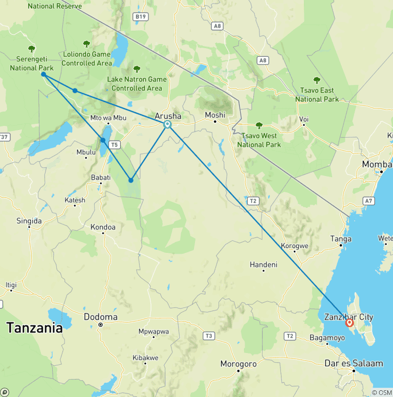 Map of 10-Day Tanzania: Serengeti, Ngorongoro & Zanzibar Adventure