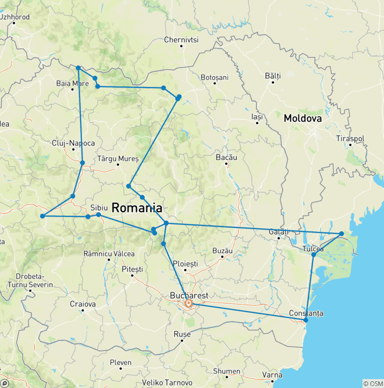 Map of 10 Day Romania Tour: Danube Delta, Maramures, Bucovina and Transylvania