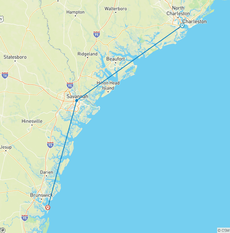 Map of Southern Charm featuring Charleston, Savannah, and Jekyll Island (Charleston, SC to Jekyll Island, GA) (2026)