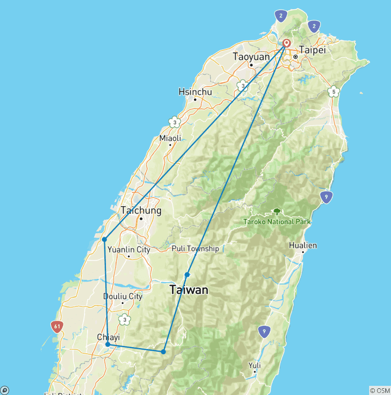 Map of Private 3-Day Tour with Premium Hotels: Sun Moon Lake, Alishan Forest Park, Lukang Old Town