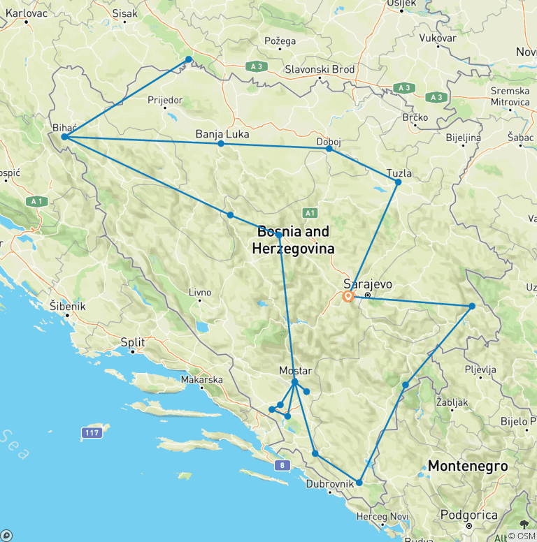 Map of Year-round Bosnia medieval land extended 19 days tour from Sarajevo. Off the beaten path cultural tour. Historical sightseeing. Amazing nature, delicious cuisine.
