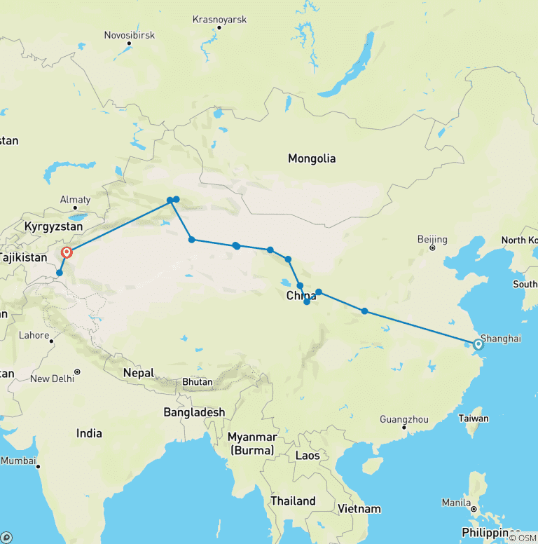 Map of Silk Road Spectacular 18D from Shanghai to Kashgar
