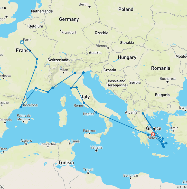 Map of London to Athens with Greek Island Hopping (Plus, Start Paris)