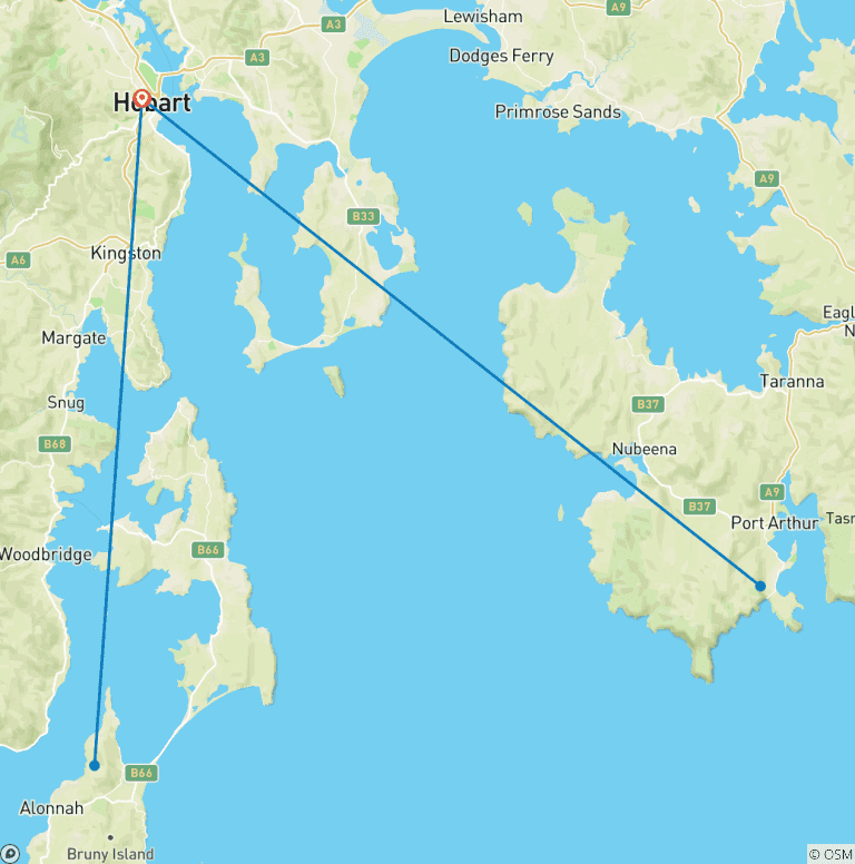 Map of 3 Day Tasmanian Highlights Tour – Hobart, Port Arthur and Bruny Island