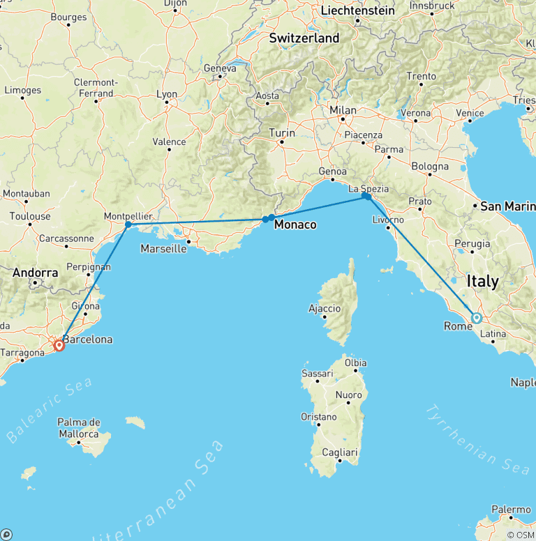 Map of Rome to Barcelona by Train (27 To 35)