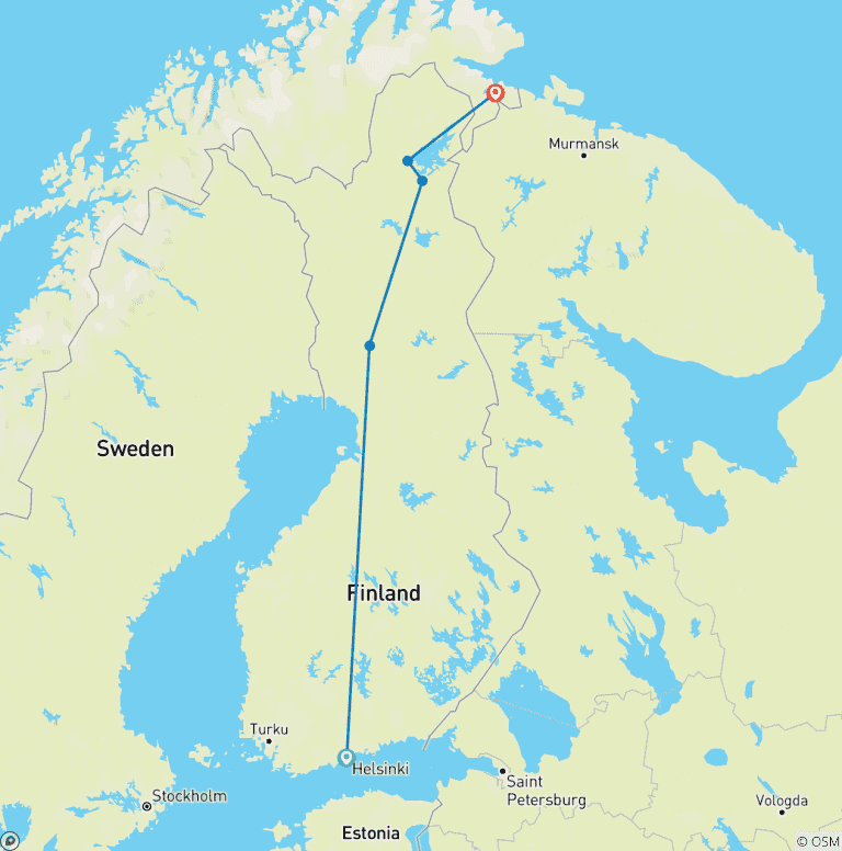 Map of Helsinki to Kirkenes - Beyond the Arctic Circle