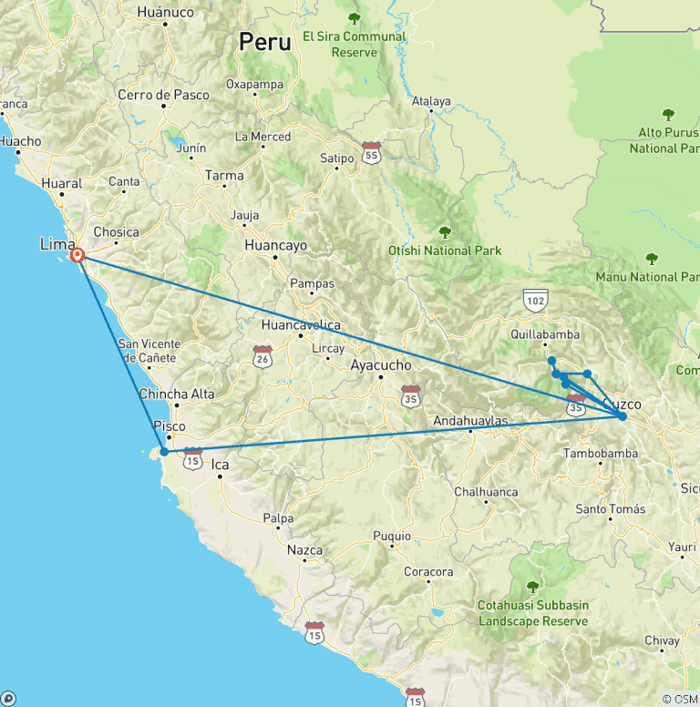 Map of Peru Explorer 8 Days – Lima, Andes & Inca Jungle Adventure to Machu Picchu (with Local Flights Included)