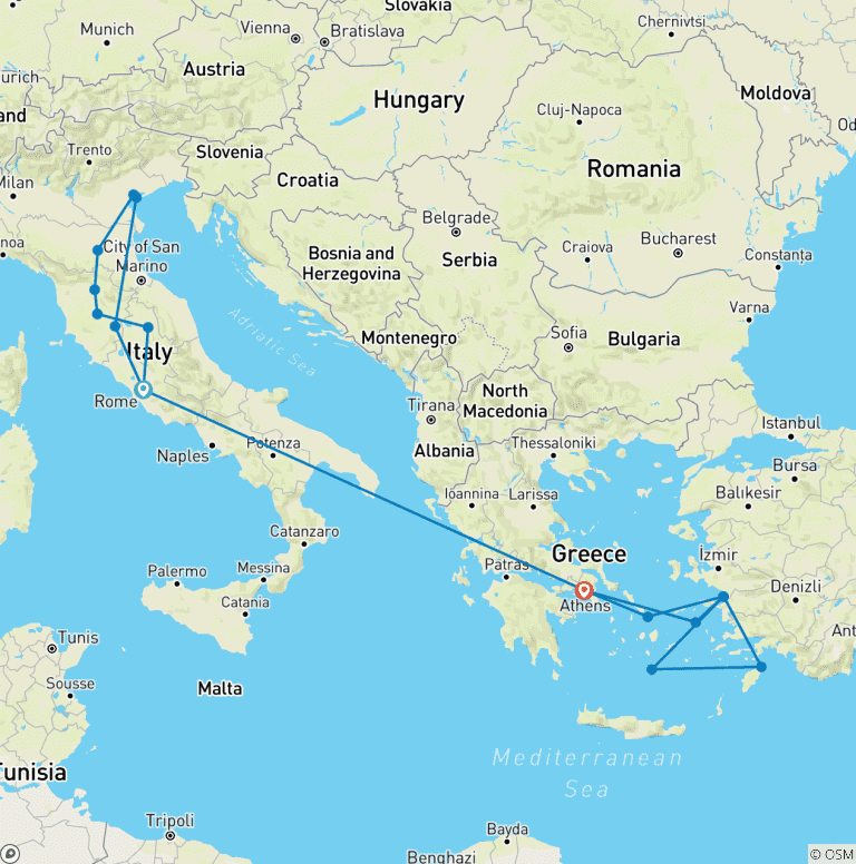 Map of Best of Italy and Greece with 4-day cruise