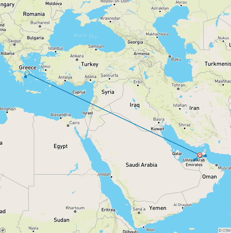 Map of 10 Days Tour Athens and Dubai.