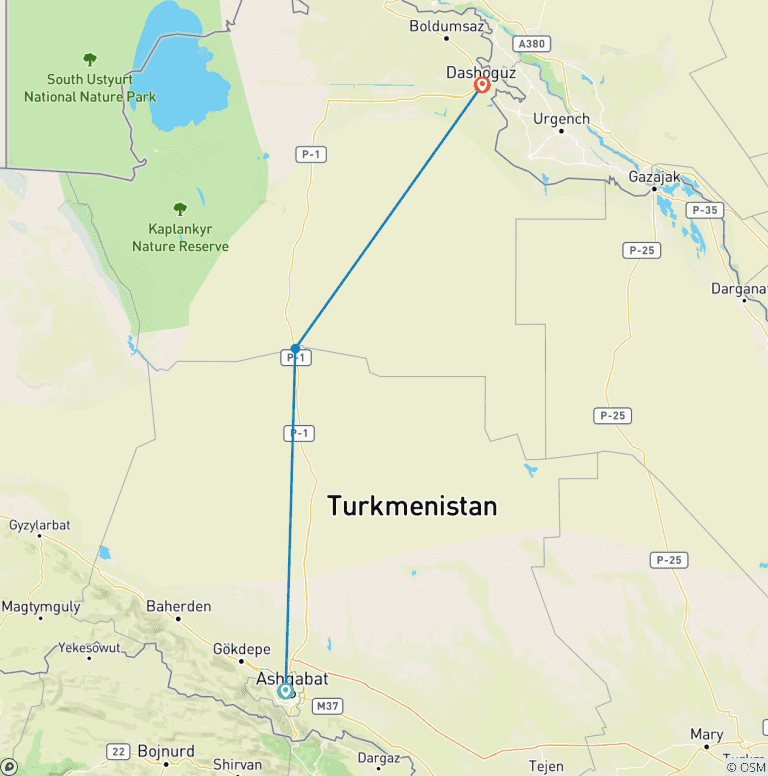 Map of Ashgabat to Shavat (Turkmenistan tour with the departure to Khiva, Uzbekistan)