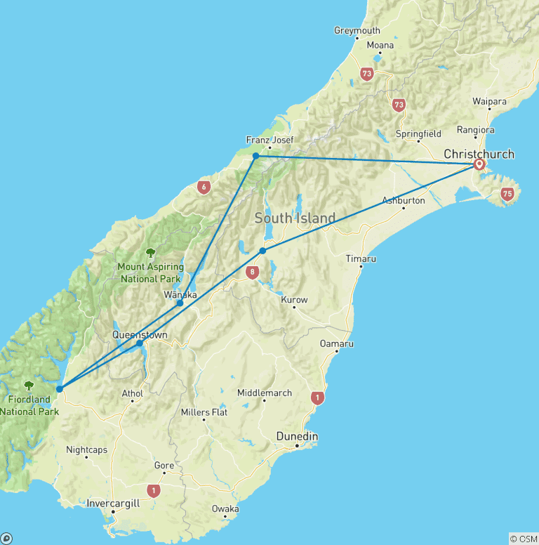 Map of South Island Discovery - 10 days