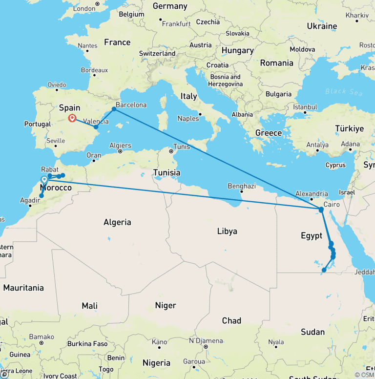 Map of 23 Days Sahara From West to East & Spain By Train