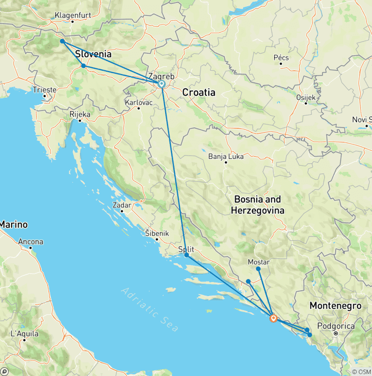 Map of Slovenia - Croatia - Bosnia & Montenegro Small Group Tour