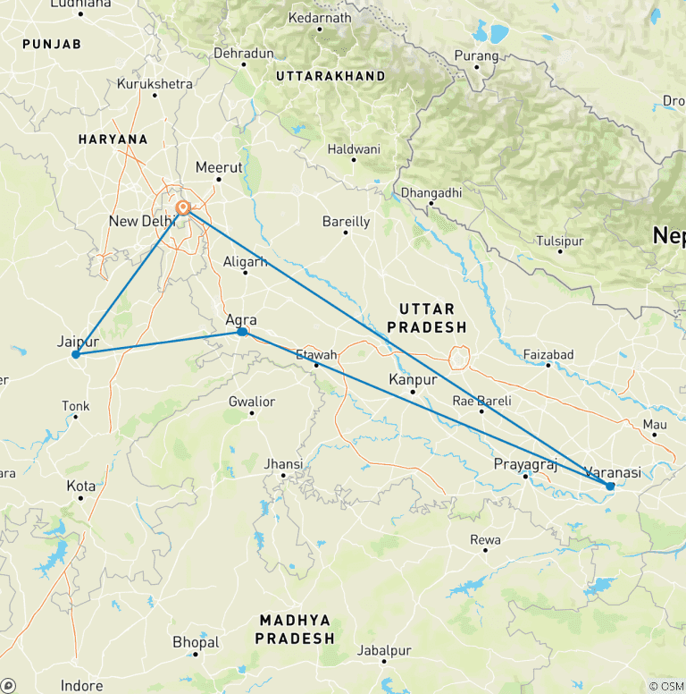 Map of Golden Triangle & Varanasi Tour – 7 Days of Culture, Spirituality & Iconic India