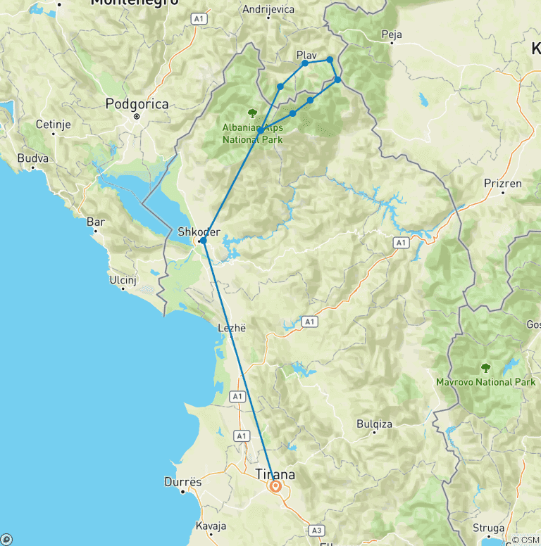 Map of Semi - Private Tour; Hiking Peaks of the Balkans in 12 Days