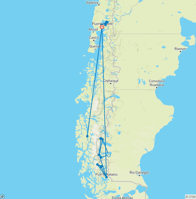 Map of Southern Patagonia, Trekking and Fjords (19 Days)