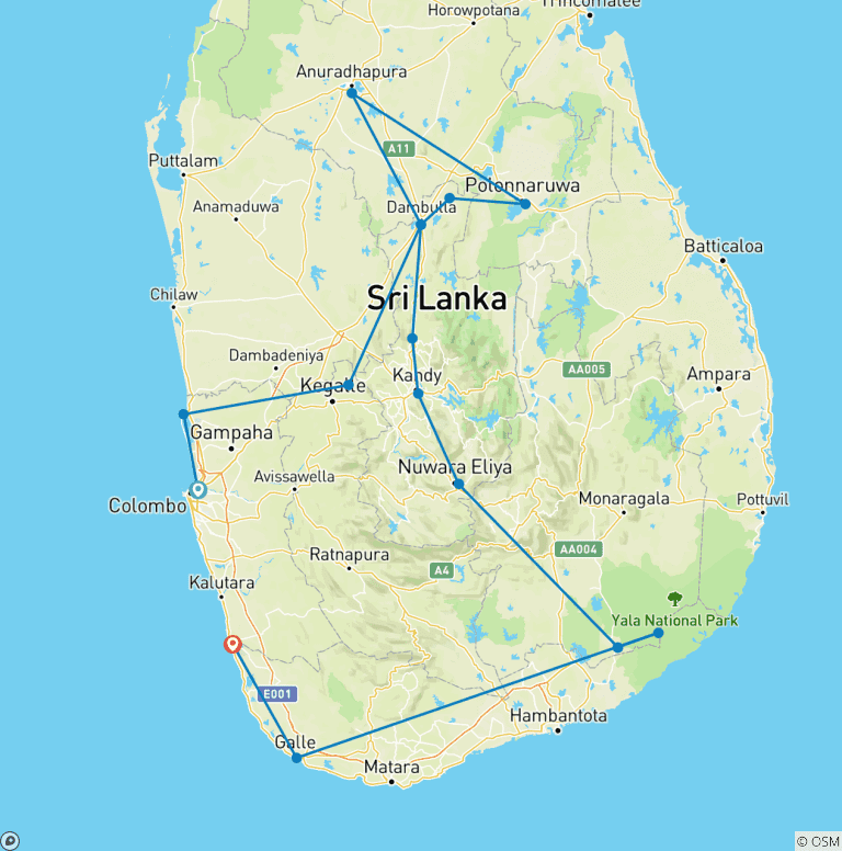 Map of Sri Lanka Cultural and Natural Tour