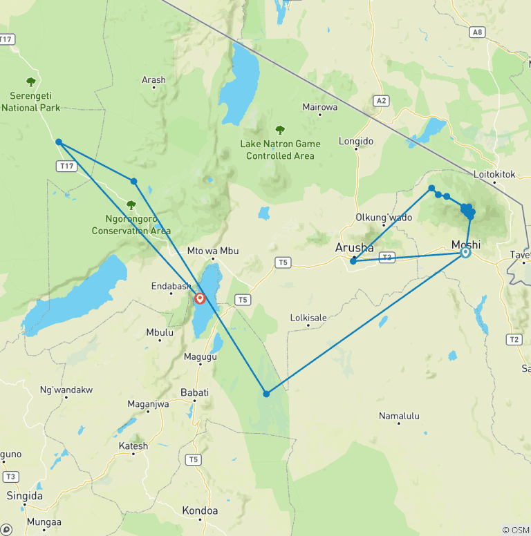 Map of 14 Days Peaks to Plains: Lemosho Route Kilimanjaro Trekking & Safari