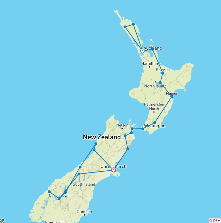 Map of Ultimate New Zealand Self-Drive and Stay 32 Days