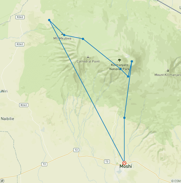 Map of Best 7 Days Group Budget Kilimanjaro Climb via Lemosho Route from Moshi