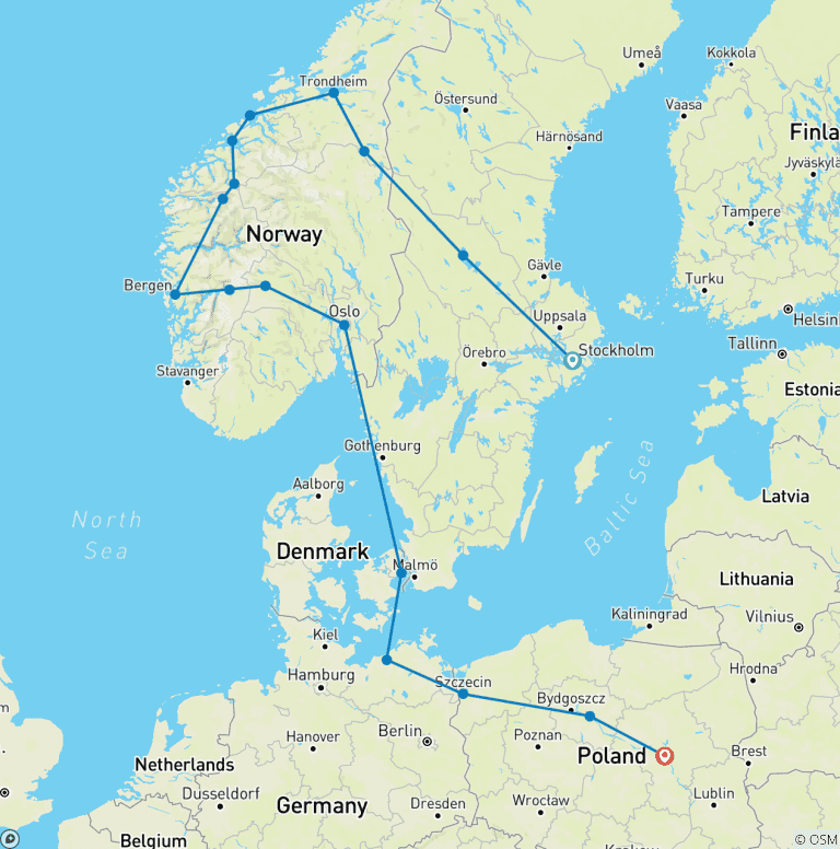 Map of Legendary Fjords and Northern Poland End Warsaw