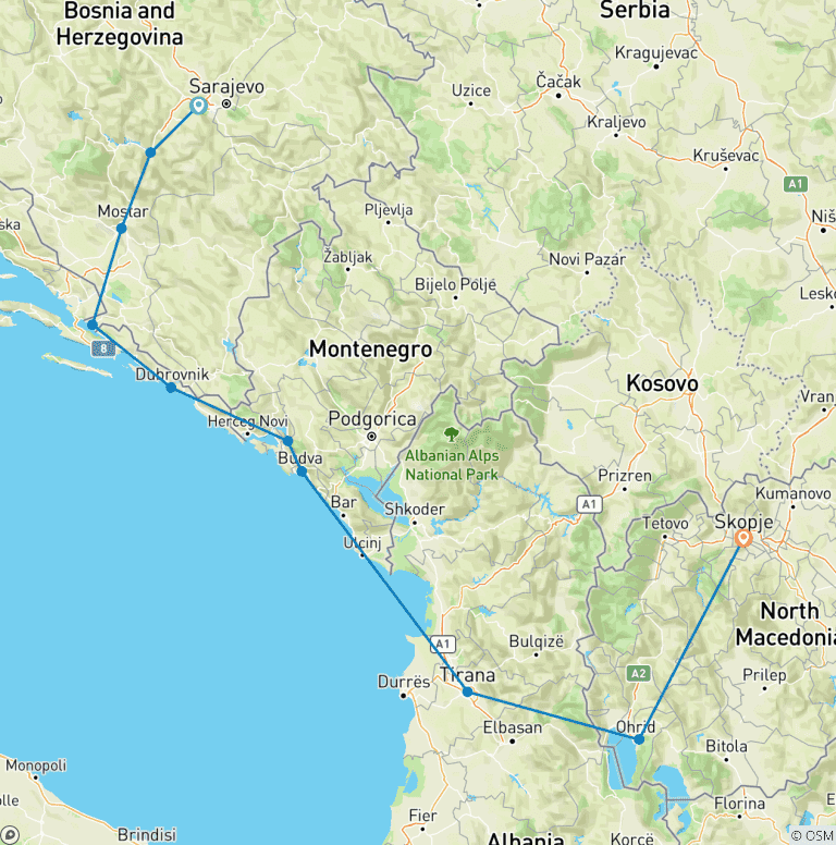 Map of Balkan Tour: 5 Countries in 7 Days Bosnia - Croatia - Montenegro - Albania - N. Macedonia
