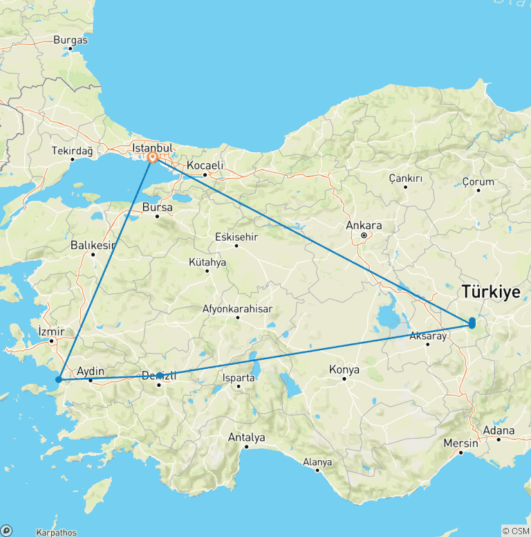 Map of 8 Days Highlights of Turkey Tour by Plane