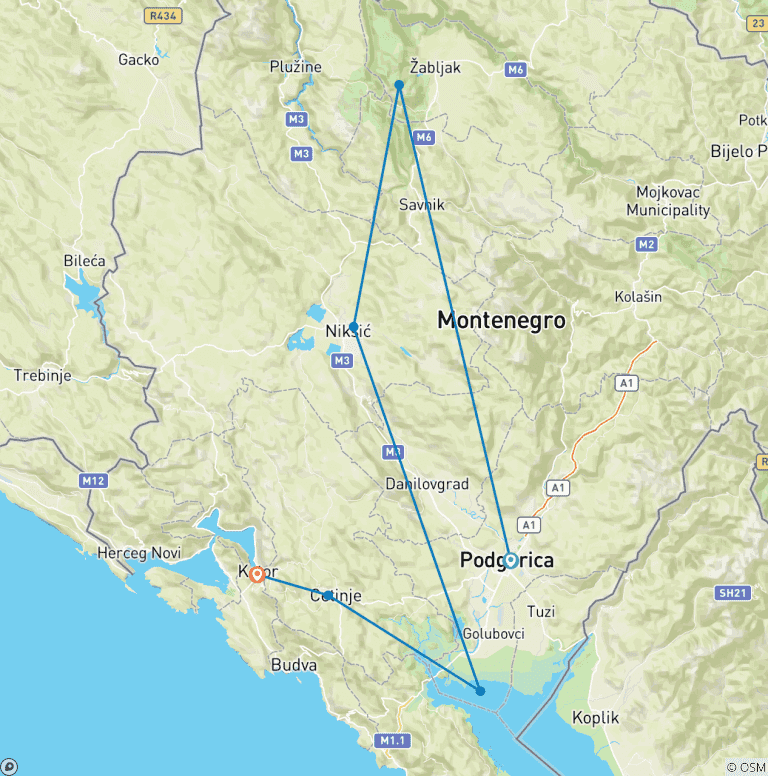 Map of Self Guided Cycling Highlights of Montenegro – From the mountains to the sea