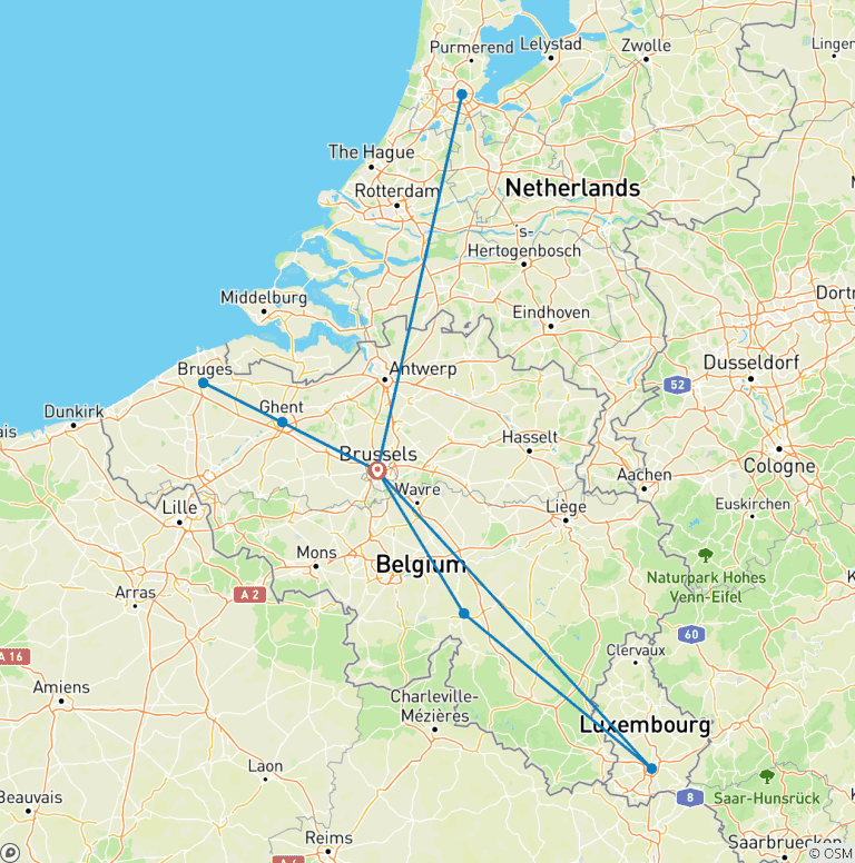 Map of 6 Day Belgium including Brussels, Luxemburg, and Amsterdam