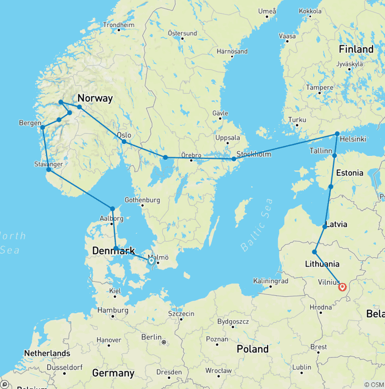 Map of 17 Days Premium Scandinavia & The Baltics Tour