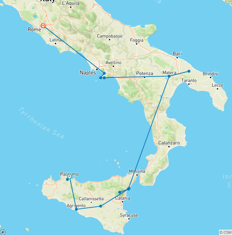 Map of Southern Italy & Sicily featuring Taormina, Matera and the Amalfi Coast (Palermo to Rome)