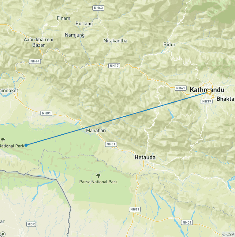 Map of 3-Days Chitwan National Park Tour from Kathmandu via Flight