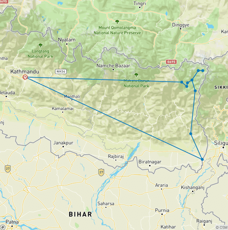 Map of Kanchenjunga Circuit Trek North to South Base Camp.