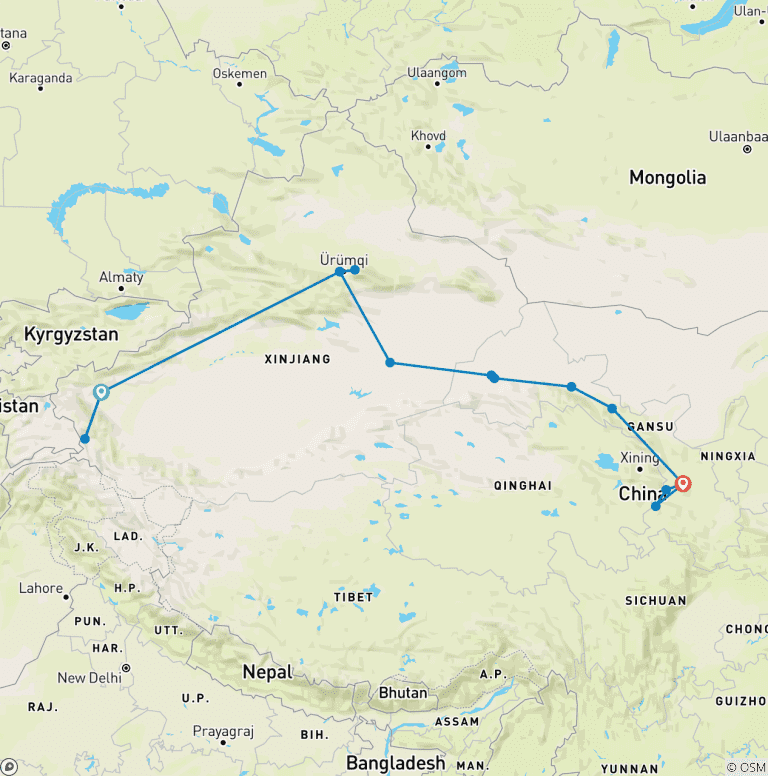 Map of Silk Road Tour from Kashgar to Xiahe and Lanzhou 14 Days