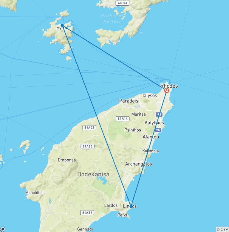 Map of 5 Day Rhodes including cruises to Symi Island, Anthony Quinn Bay and Lindos