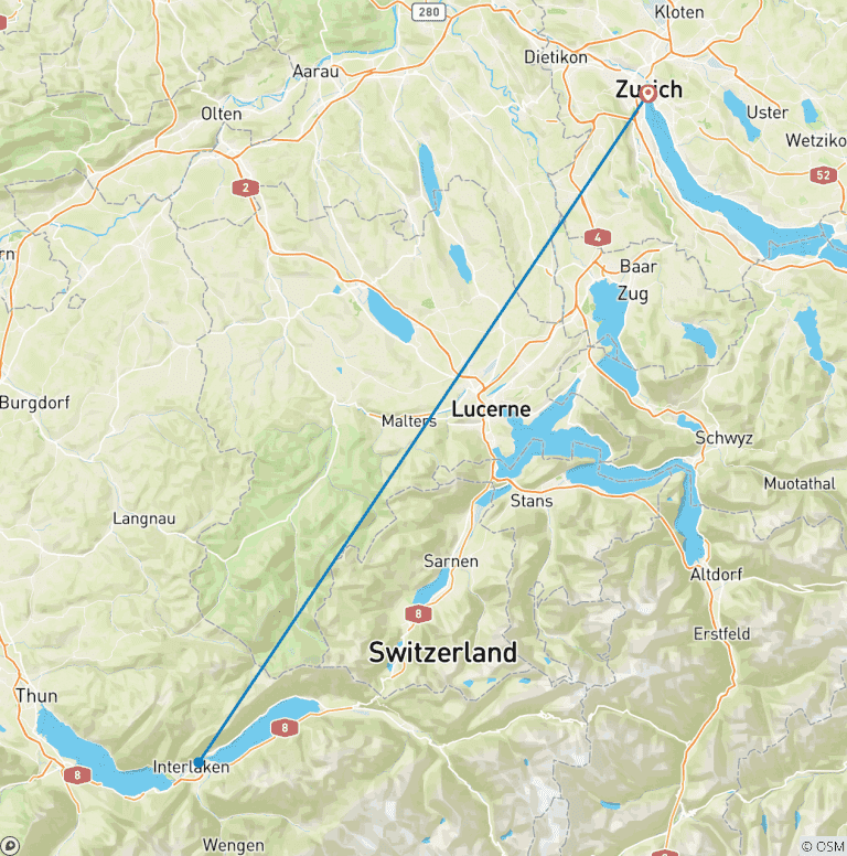 Map of Switzerland in 5 days (Stay in Zurich and Interlaken)