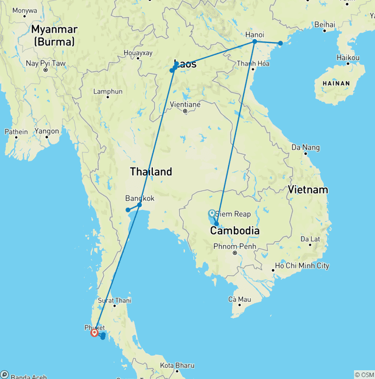 Map of Wonders of Indochina in 14 Days: Cambodia, Vietnam, Laos & Thailand