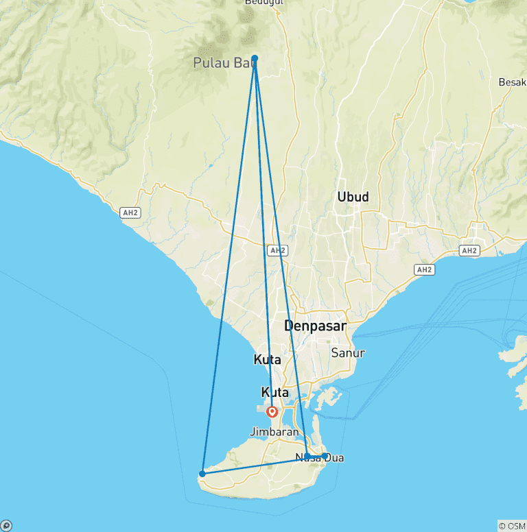 Map of 3 Days in Bali including South Bali : Uluwatu Temple & Garuda Wisnu